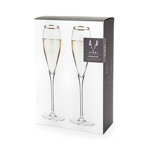 Viski - Belmont™ - Gold Rimmed Crystal Champagne Flutes (Set of 2)
