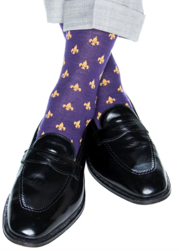 Purple with Yolk Fleur De Lis Fine Merino Wool Sock Linked Toe Mid-Calf