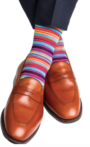 Clematis Blue with Rose, Yolk, and Tigerlily Orange Stripe Cotton Sock Linked Toe Mid-Calf