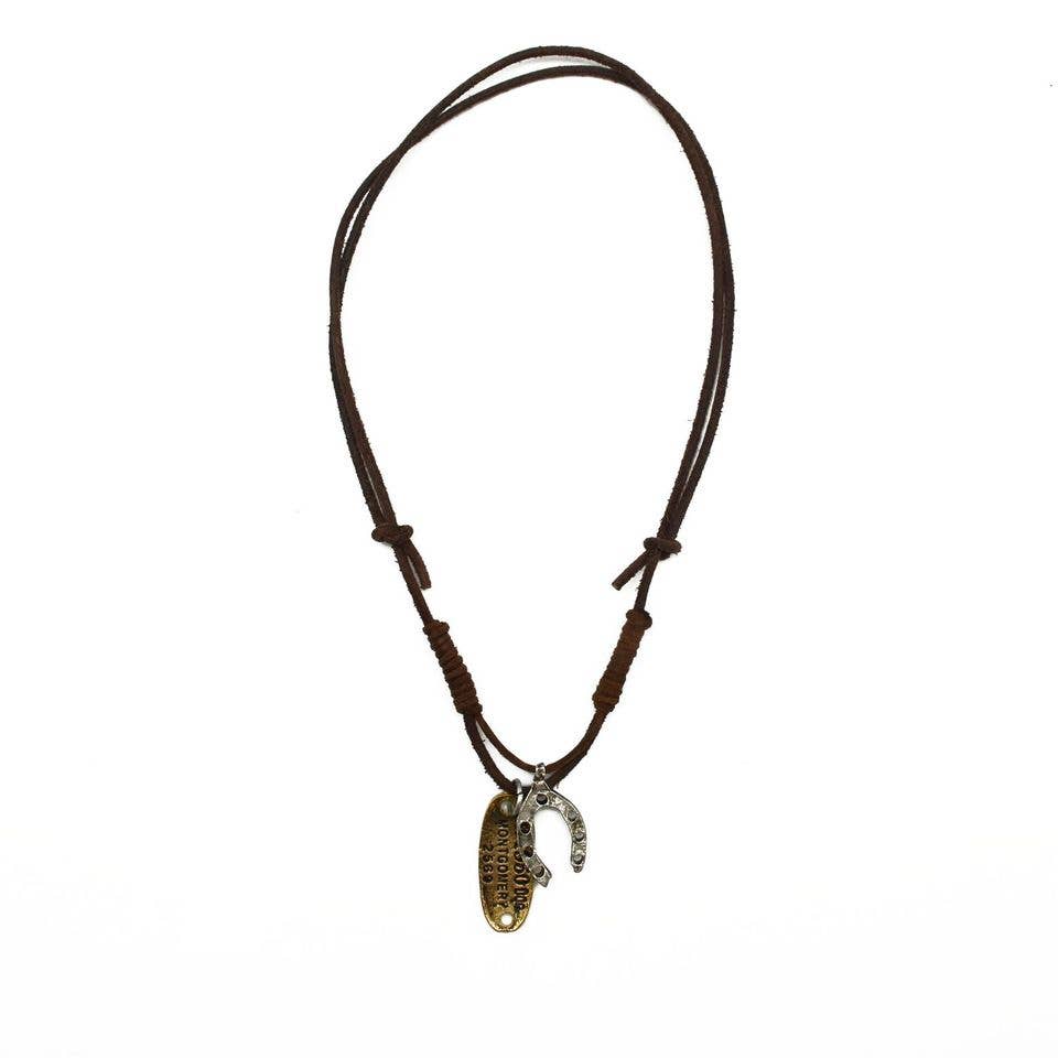 Horseshoe Charm on Leather Pull Tie Men's Necklace