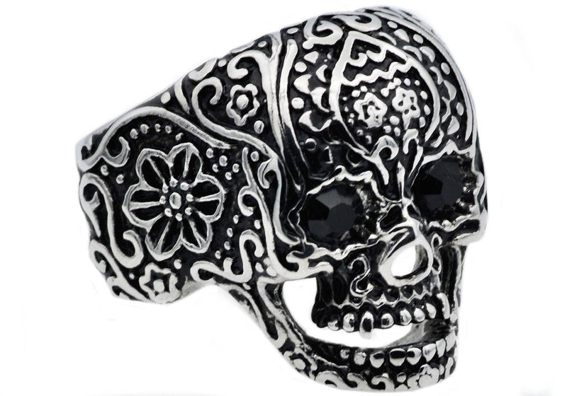 Blackjack Mens Jewelry - Mens Black  Skull Ring With Black Cubic Zirconia