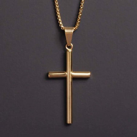 LARGE GOLD PLATED STAINLESS STEEL "BAMBOO" CROSS NECKLACE