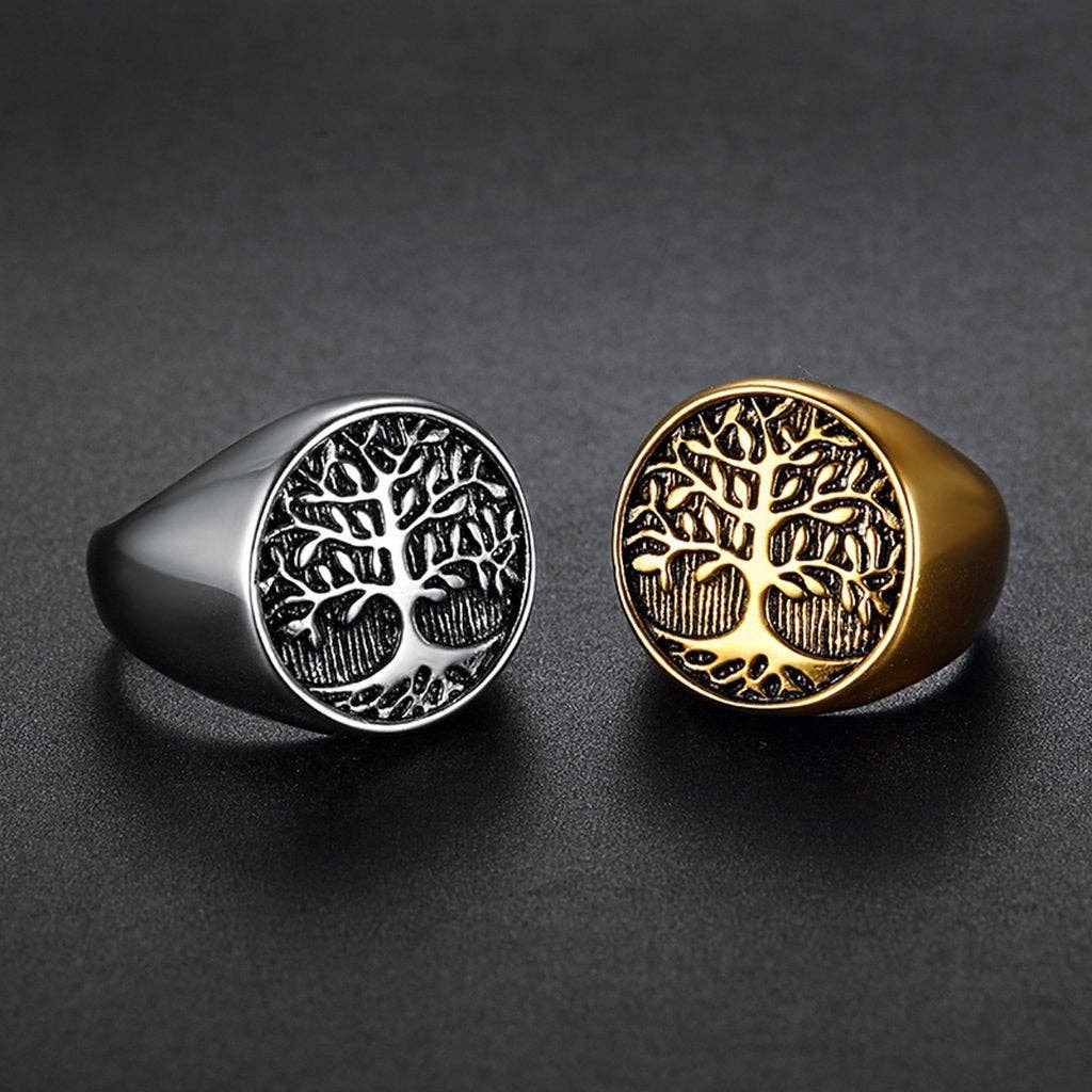 SEVEN50 - Stainless Steel Black Silver Gold Vintage Tree Ring