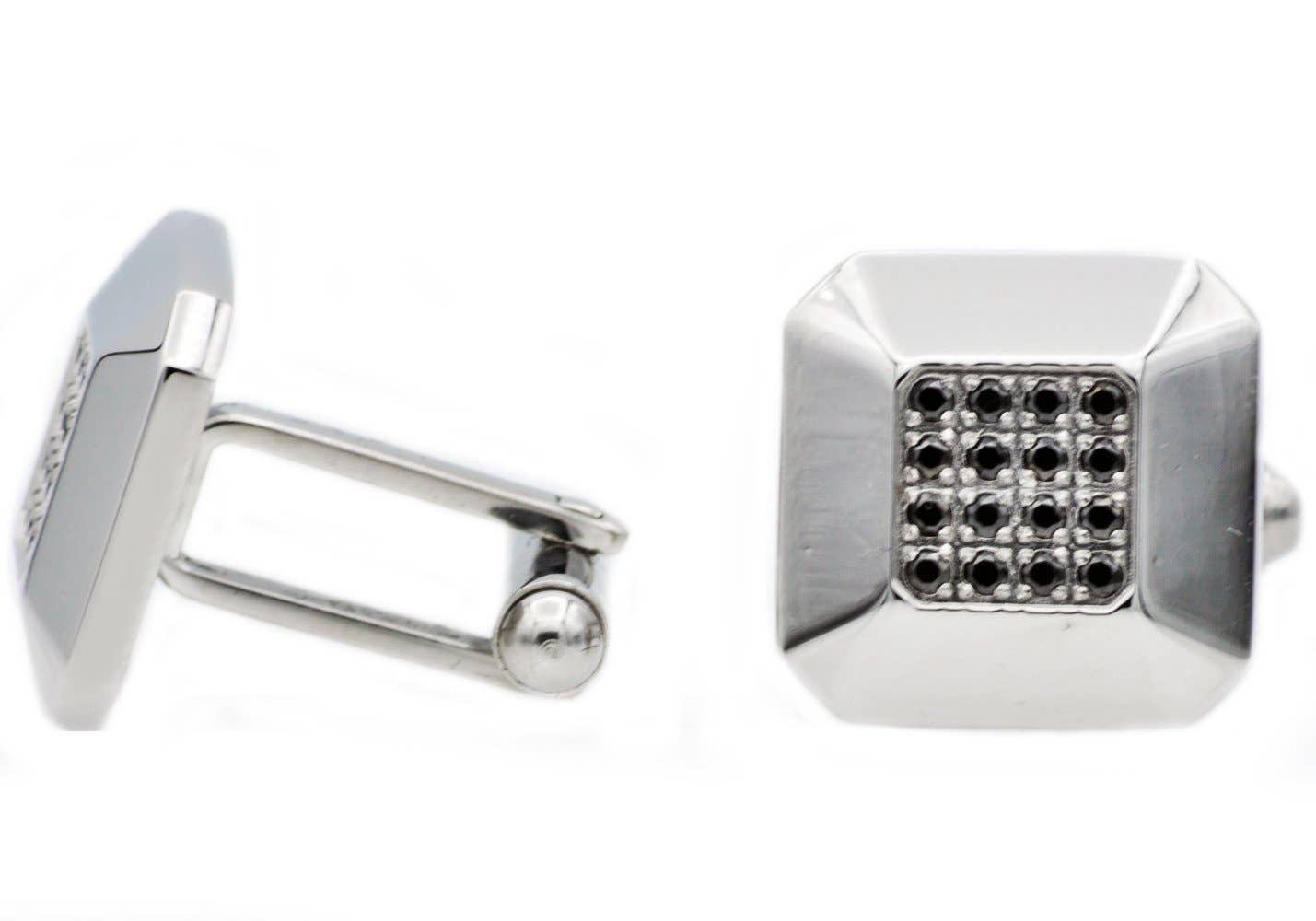 Blackjack Mens Jewelry - Men's Stainless Steel Cuff Links With Black Cubic Zirconia