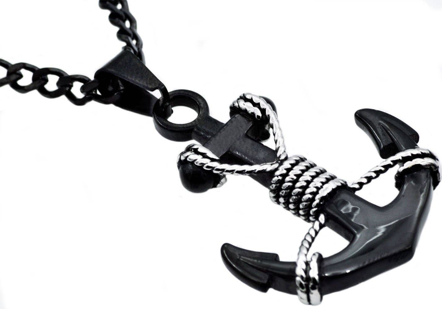 Blackjack Mens Jewelry - Mens Black  Anchor Pendant Necklace With Steel Rope