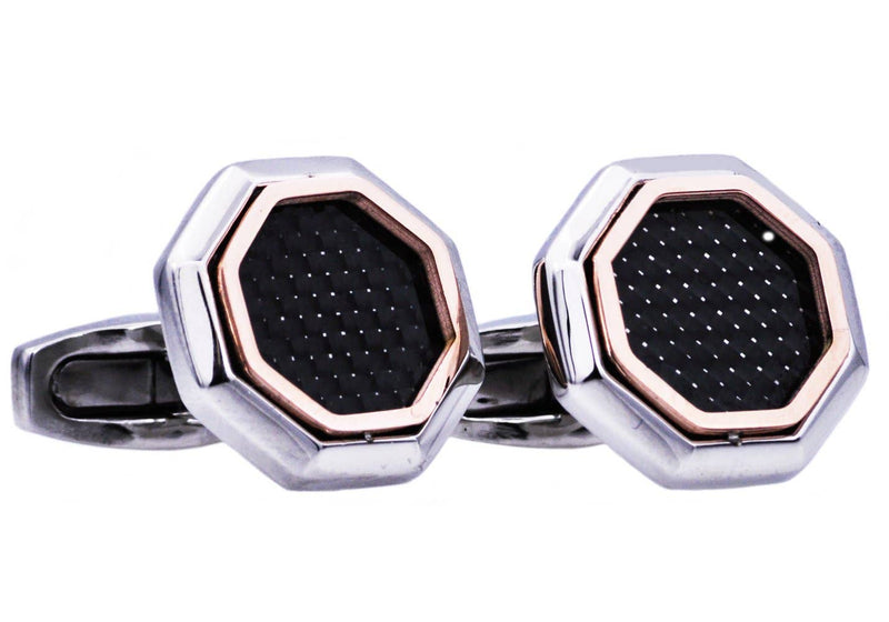 Blackjack Jewelry - Mens Two Tone Rose  Cuff Links With Black Carbon Fiber