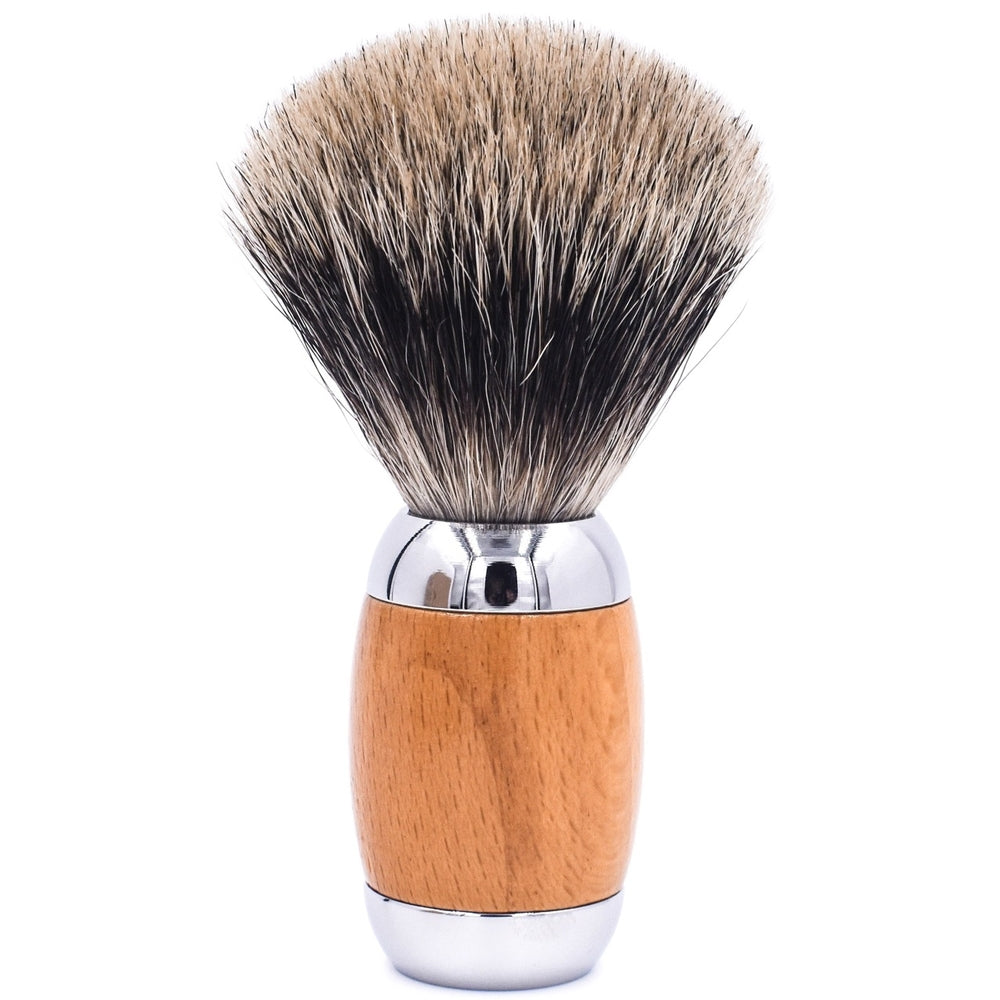 WOOD & CHROME HANDLE DELUXE PURE BADGER SHAVE BRUSH & STAND