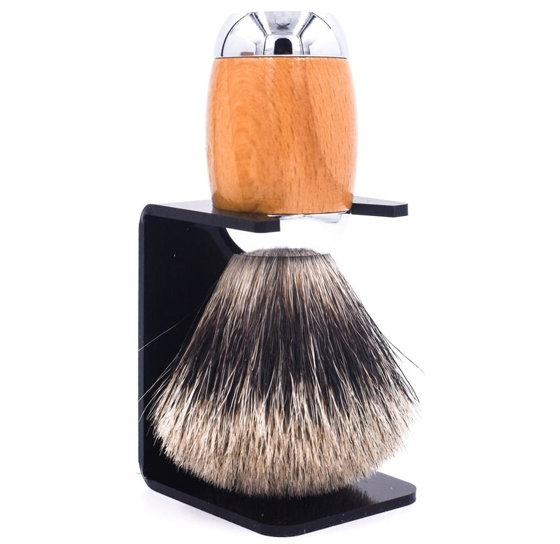 WOOD & CHROME HANDLE DELUXE PURE BADGER SHAVE BRUSH & STAND
