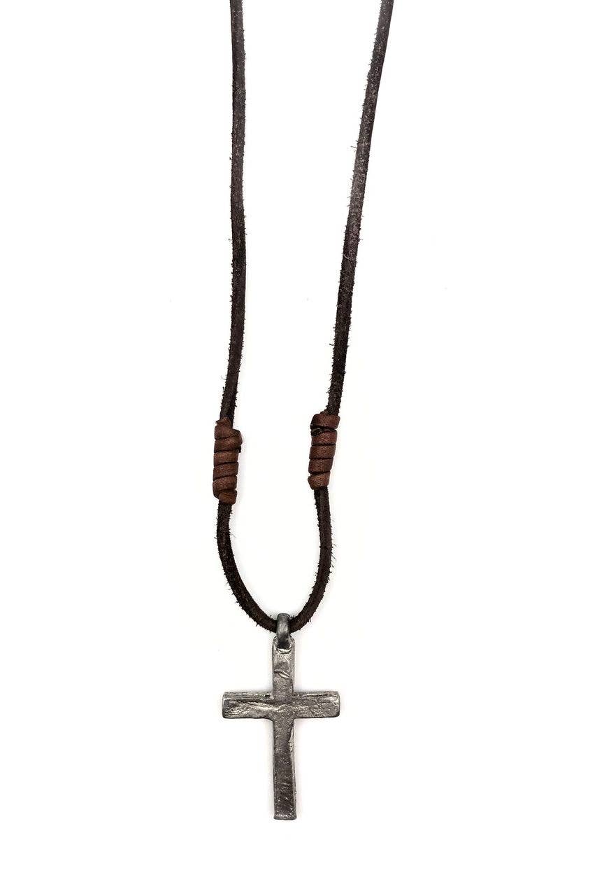 Silver Cross on Leather Men's Necklace